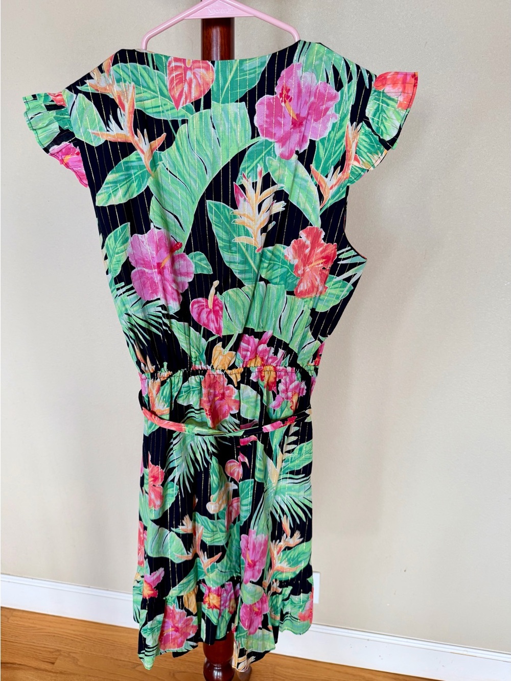Tori Richard Black Tropical Floral Wrap-Style Dress with Pink and Green Accents - Picture 2 of 3